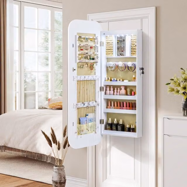 Armadietto porta gioielli DESIGN IN con specchio a figura intera e illuminazione LED, Bianco lucido, H 107.5 x L 42 cm