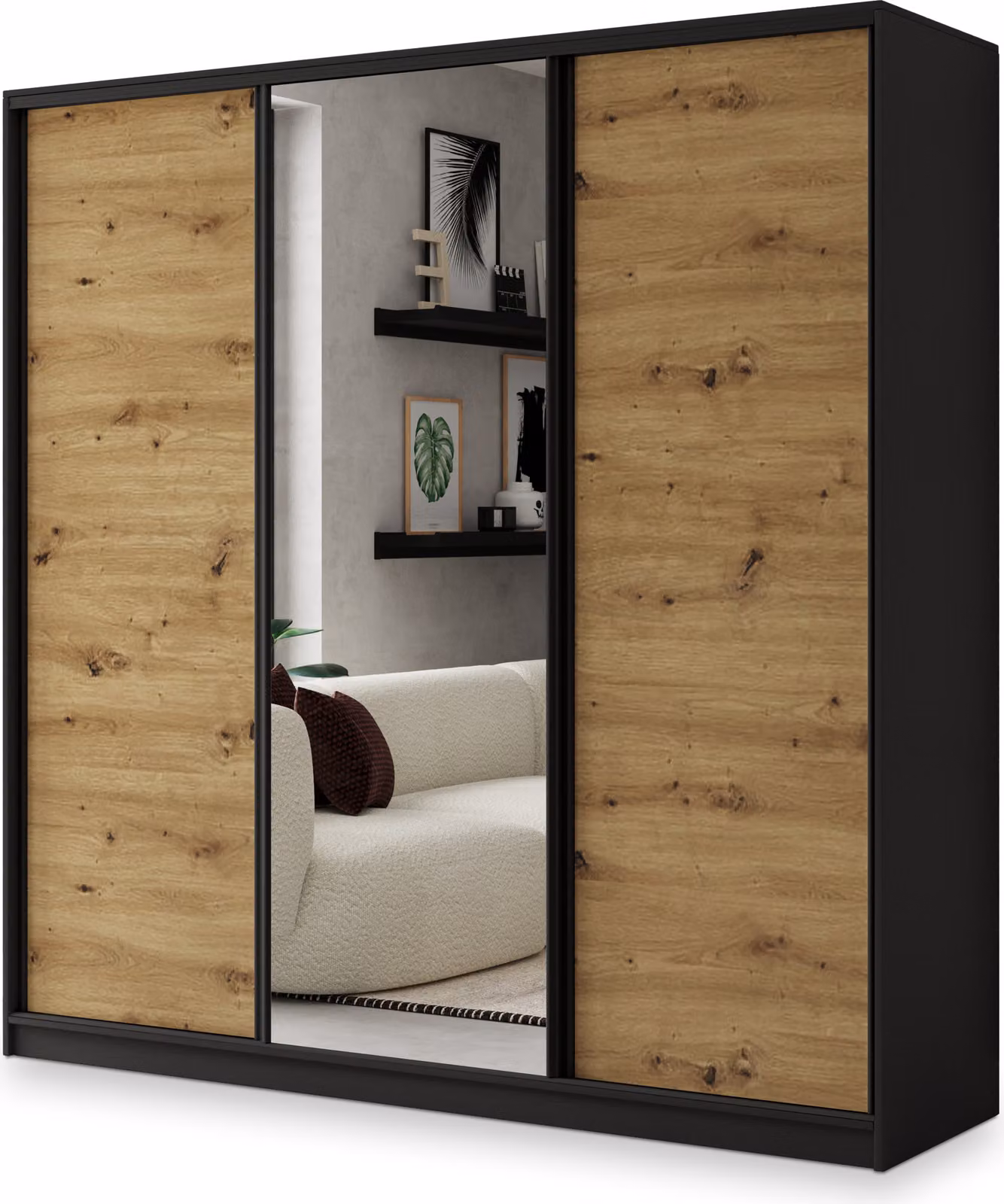 Armadio scorrevole Masseno SORE 200/205/58 cm Armadio con 4 cassetti Armadio per camera da letto a 3 ante con specchio Nero / Rovere Artisan