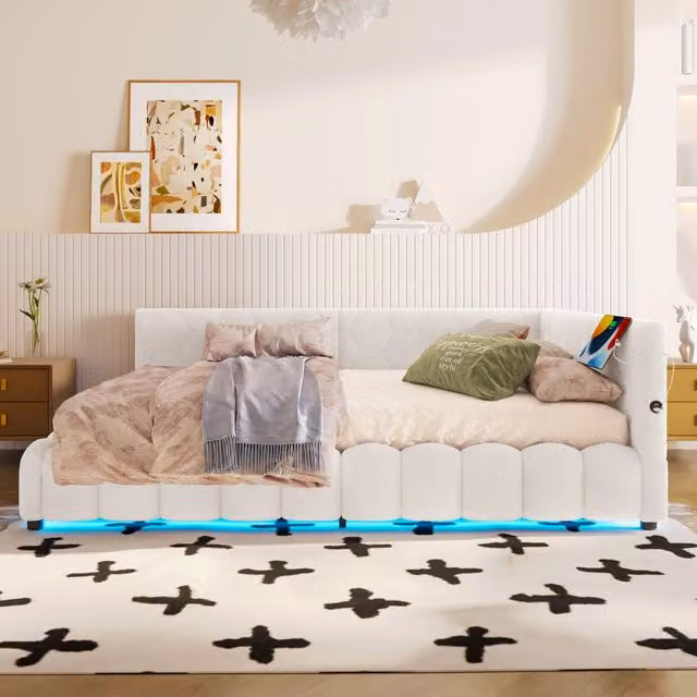 Letto contenitore 140x200 con sollevamento idraulico; rete a doghe; LED; USB e tipo C; MDF ed effetto velluto; rosa e bianco
