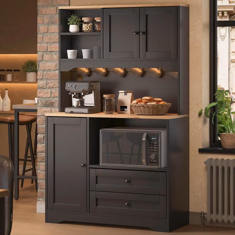 Armadio da cucina con illuminazione a LED e prese elettriche, mobiletto per microonde con ripiani regolabili, dimensioni 100x40x163 cm, colore nero
