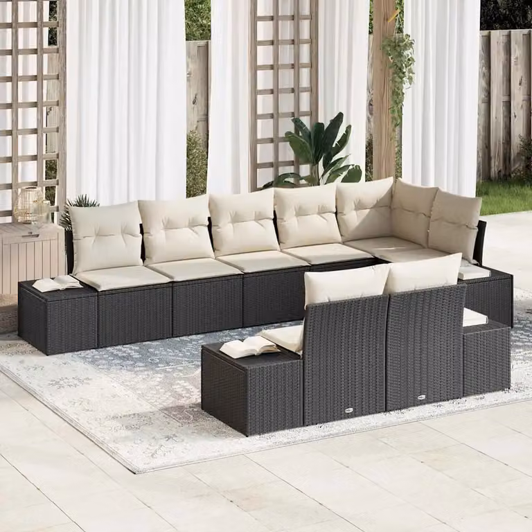 Set Divano da Giardino vidaXL 8 Pezzi in Polyrattan con Cuscini Nero e Beige