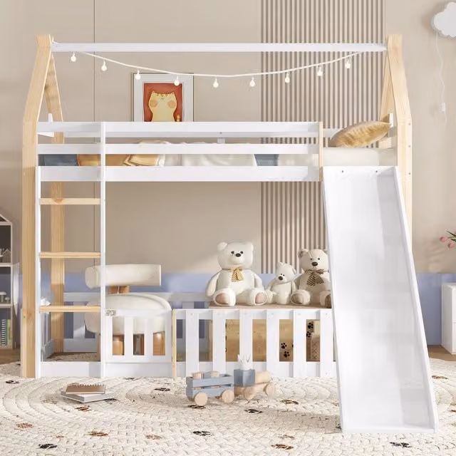 Etagenbett con scivolo bambini pino MDF compensato 90x200 cm