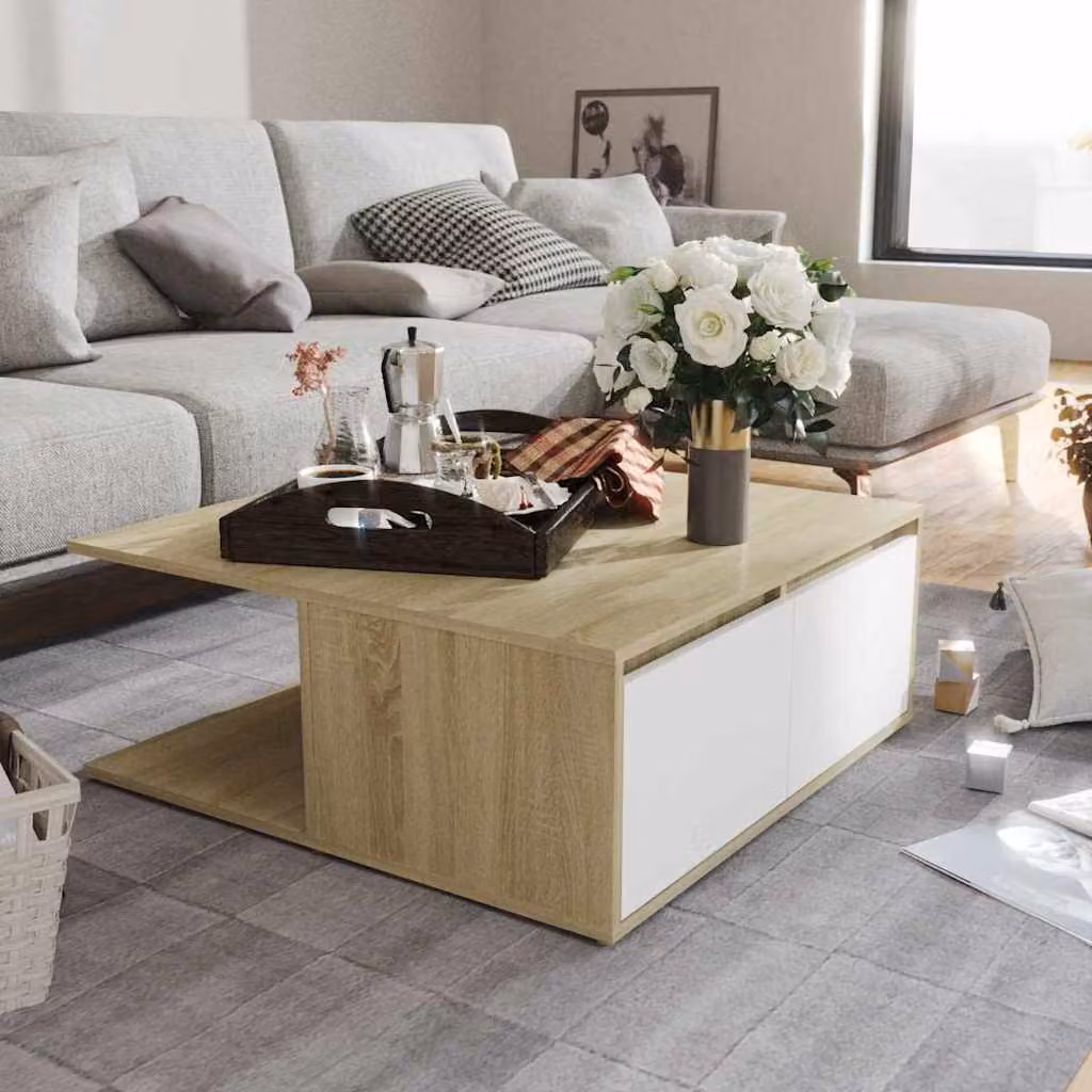Tavolino da salotto moderno vidaXL in legno bianco e beige, L 80 x P 80 x H 31 cm