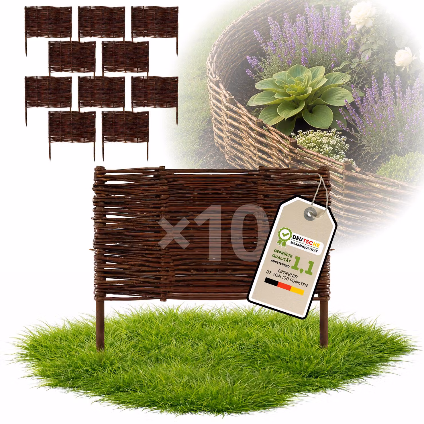 Floranica 10 pezzi Recinzione in vimini 40 cm x 50 cm – Staccionata da giardino intrecciata Palizzata Recinzione naturale Bordo aiuola