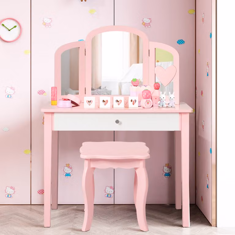 Set toeletta e scrivania 2 in 1 per bambini Costway con specchio tripartito e cassetto, colore rosa