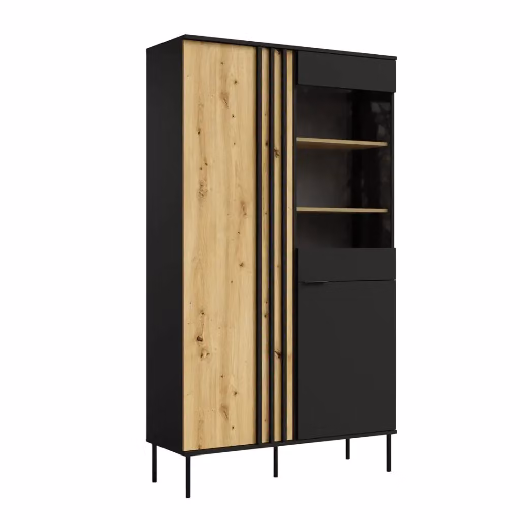 Vetrina design IZO Meublorama con 2 ante in vetro, Nero onice e Rovere chiaro, L: 110 cm, P: 40 cm, H: 195 cm – 2