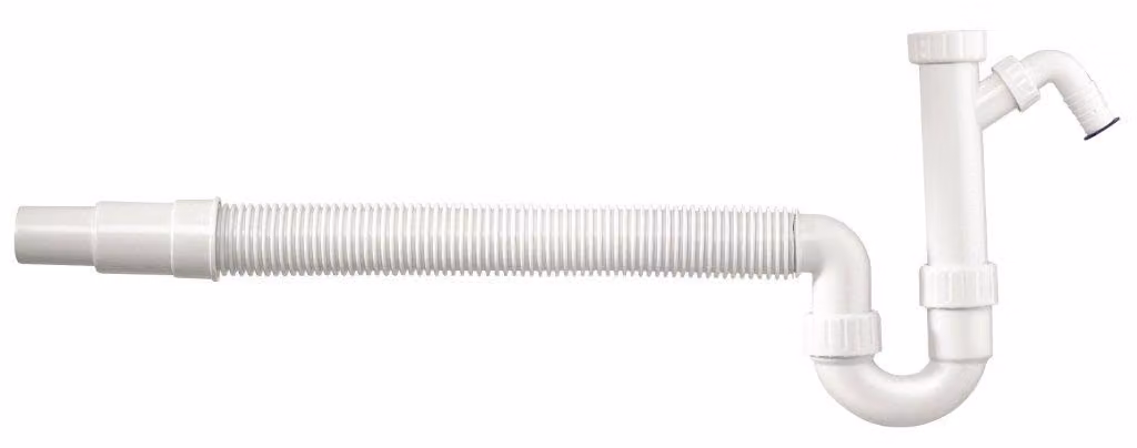 Sifone flessibile per lavello, attacco 1 1/2" IG x DN 40/50 mm, colore bianco, con raccordo per elettrodomestici da 3/4"