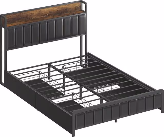 Letto matrimoniale imbottito HOMCOM con 4 cassetti e ripiano, telaio in metallo e doghe, nero, L/P: 140 x 190 cm