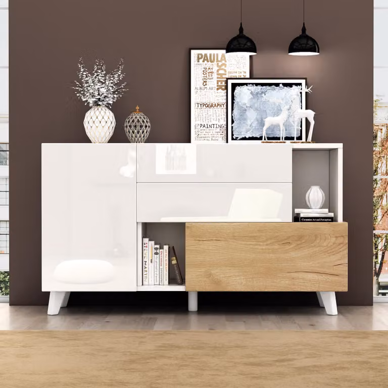 Credenza lucida Merax 130x40x70 cm in bianco e look legno, cassettiera con ante, cassetti e vani a giorno, mobile moderno per sala da pranzo e soggiorno