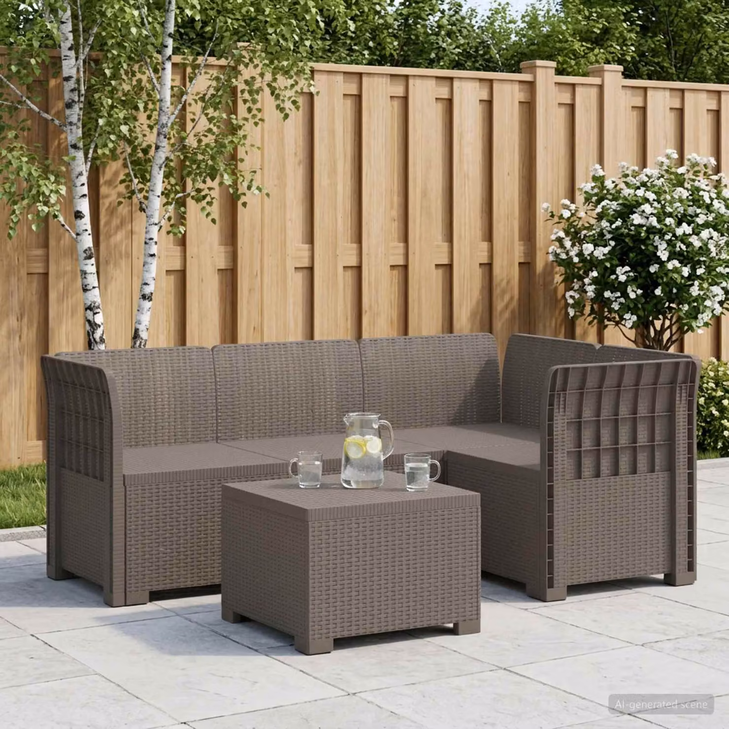Set da giardino vidaXL moderno a forma di L con divano da 4 posti, elemento angolare, tavolino da caffè e cuscini in polyrattan grigio