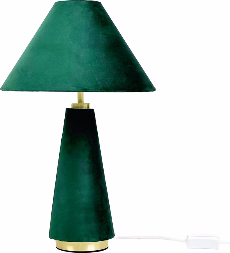 Lampada da tavolo Relaxdays, paralume in velluto e base in metallo, E14, HD 47x30 cm, lampada da comodino con cavo, camera da letto, verde scuro/oro