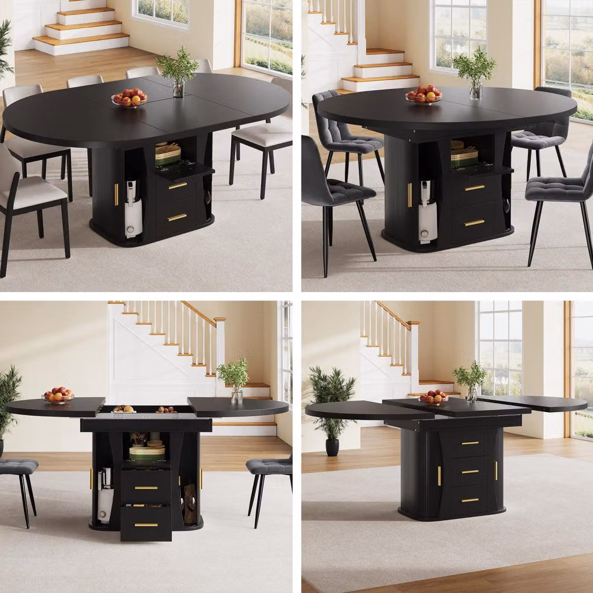 Tavolo da pranzo rotondo allungabile a ovale 118-158 cm Tavolo da pranzo per 6 persone con ripiano a tre strati Tavolo da cucina moderno Nero