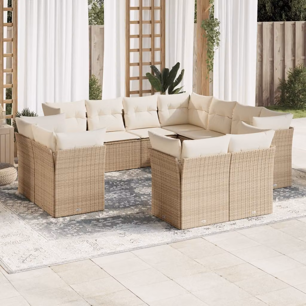 vidaXL Set Divani da Giardino 11 pz a Forma a U con Cuscini Beige e Struttura in Metallo e Polyrattan