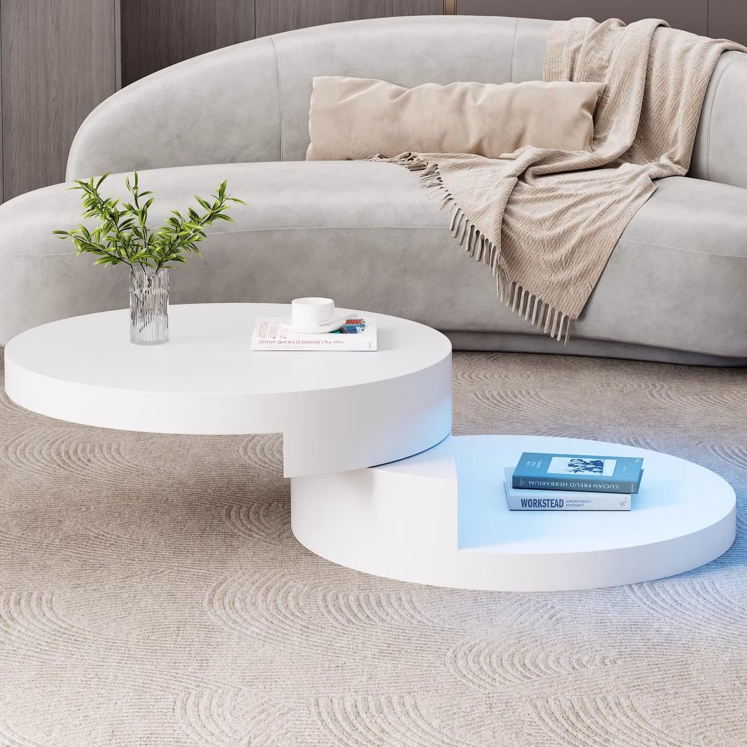 Merax LED tavolino rotondo 70×70 cm, piano rotante, tavolino da salotto a 2 livelli e USB 16 colori, tavolino da divano sicuro e cilindrico, moderno bianco