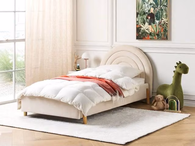 Letto Singolo con Contenitore BELIANI in Velluto Beige con Design Retro e Testiera a Mezza Luna, L/P/H: 200 x 90 x 106 cm