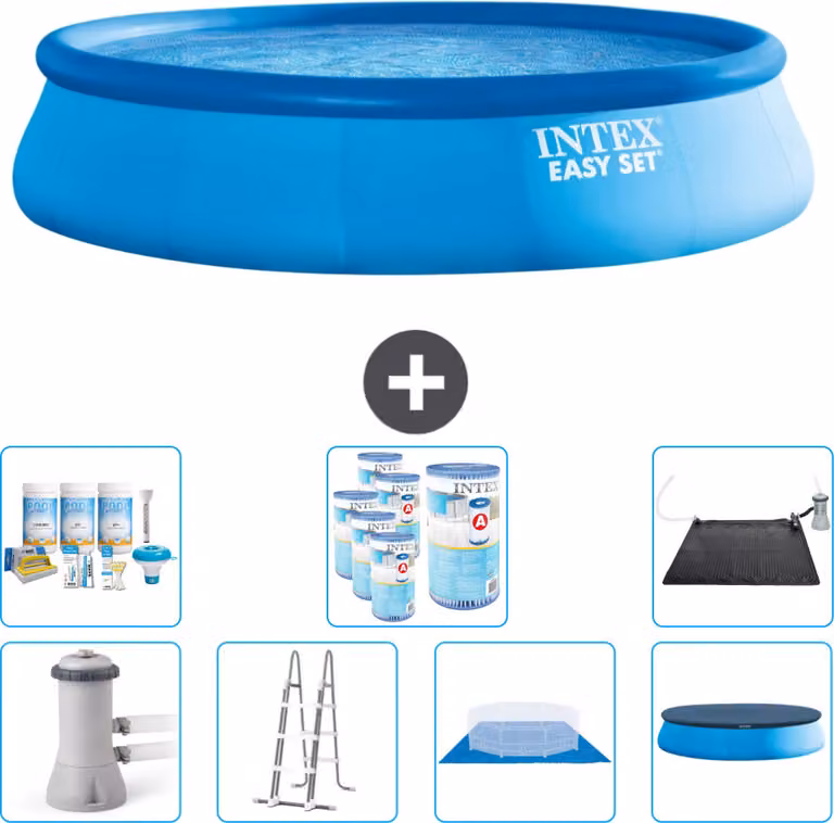 Piscina gonfiabile rotonda Easy Set di Intex - 457 x 107 cm - blu - inclusa pompa - scaletta - telo di fondo - confezione di manutenzione della copertura - filtro - tappetino solare