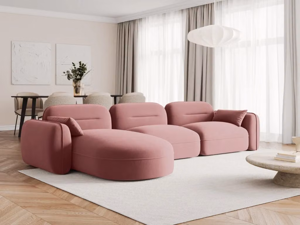 Divano angolare modulare Sydney Cosmopolitan Design a 4 posti in velluto rosa con orientamento sinistro L/P/H: 320 x 140 x 70 cm – 2