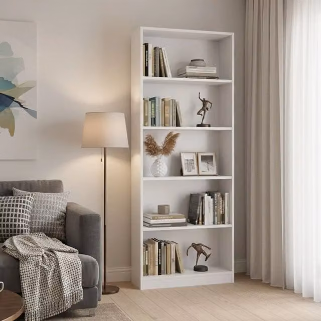 Libreria Abla DMORA, Mobile portalibri moderno a 4 ripiani, Bianco, L: 80 cm, P: 28 cm, H: 201 cm