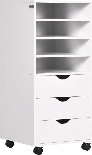 Cassettiera Portadocumenti da Ufficio Aosom in Legno Bianco con 3 Cassetti, 4 Ripiani e 4 Rotelle, L/P/H: 38 x 40 x 86.8 cm