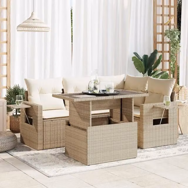 Set Divano da Giardino 5 pz con Cuscini Beige in Polyrattan 3326469