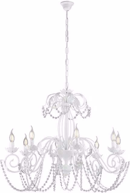 Lampadario Shabby Damasco 8 Luci Ferro Battuto Bianco E Cristalli