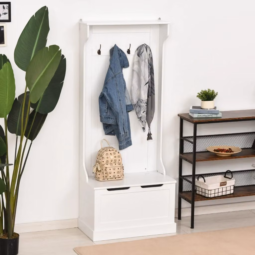 Easycomfort Appendiabiti da Terra Moderno 3 in 1 con Panca Contenitore e 4 Ganci, Mobile Salvaspazio in Legno per Ingresso o Camera da Letto, L: 71.5 cm, P: 39.5 cm, H: 170 cm, Bianco – 2