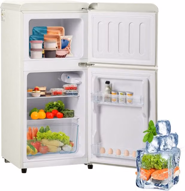 Frigorifero/congelatore in stile retr¨°. Altezza 88,8 cm, larghezza 45,5 cm, due porte, capacit¨¤ totale 60 litri, scomparto congelatore 22 litri.