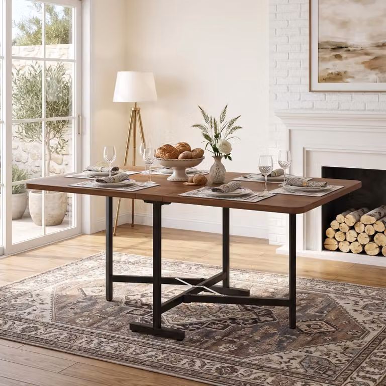 Tavolo pieghevole per mangiare, tavolo da cucina con gambe in metallo, tavoli da pranzo, scrivanie, tavoli da soggiorno, scrivanie per ufficio, forma rettangolare, finitura in legno noce