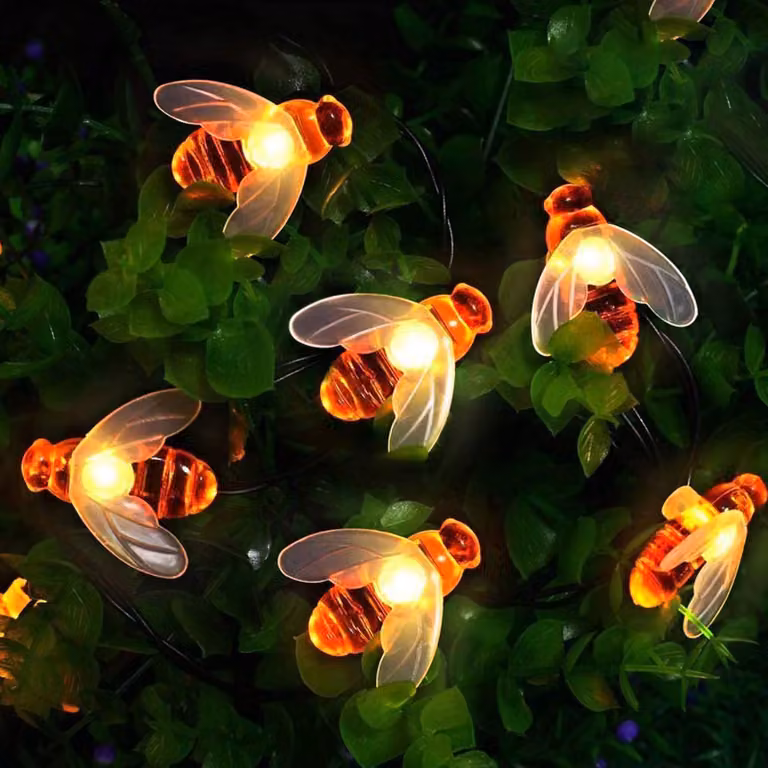 Catena luminosa solare a forma di api, 50 LED, 7 metri, 8 modalità, luce bianco caldo