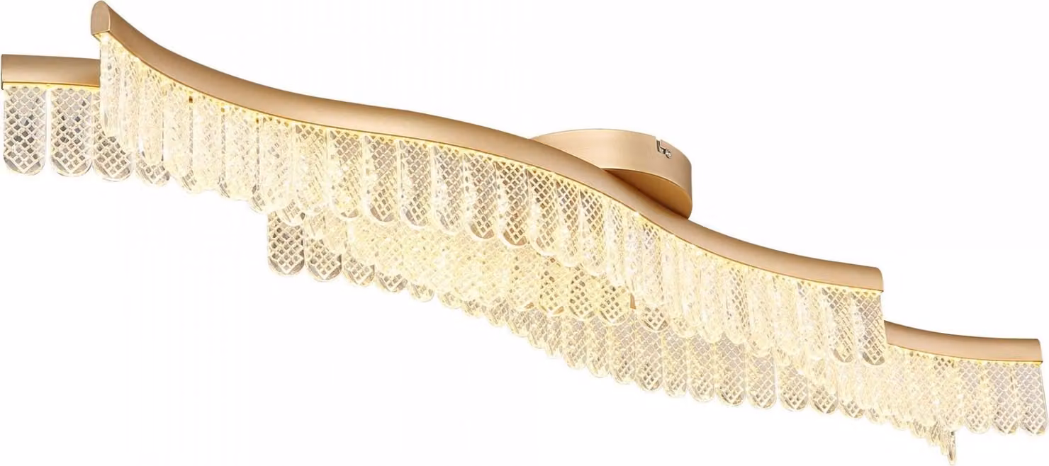 Plafoniera LED oro, cristalli trasparenti, L 108 cm