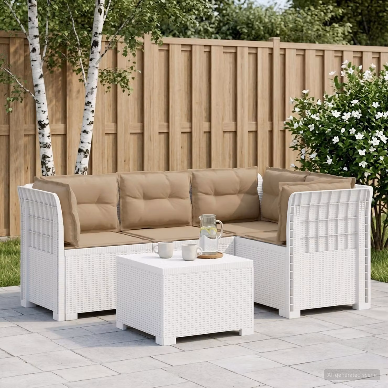 Set da giardino vidaXL a forma di L con divano da esterno, elemento angolare, tavolino da caffè e cuscini, in polyrattan bianco e beige