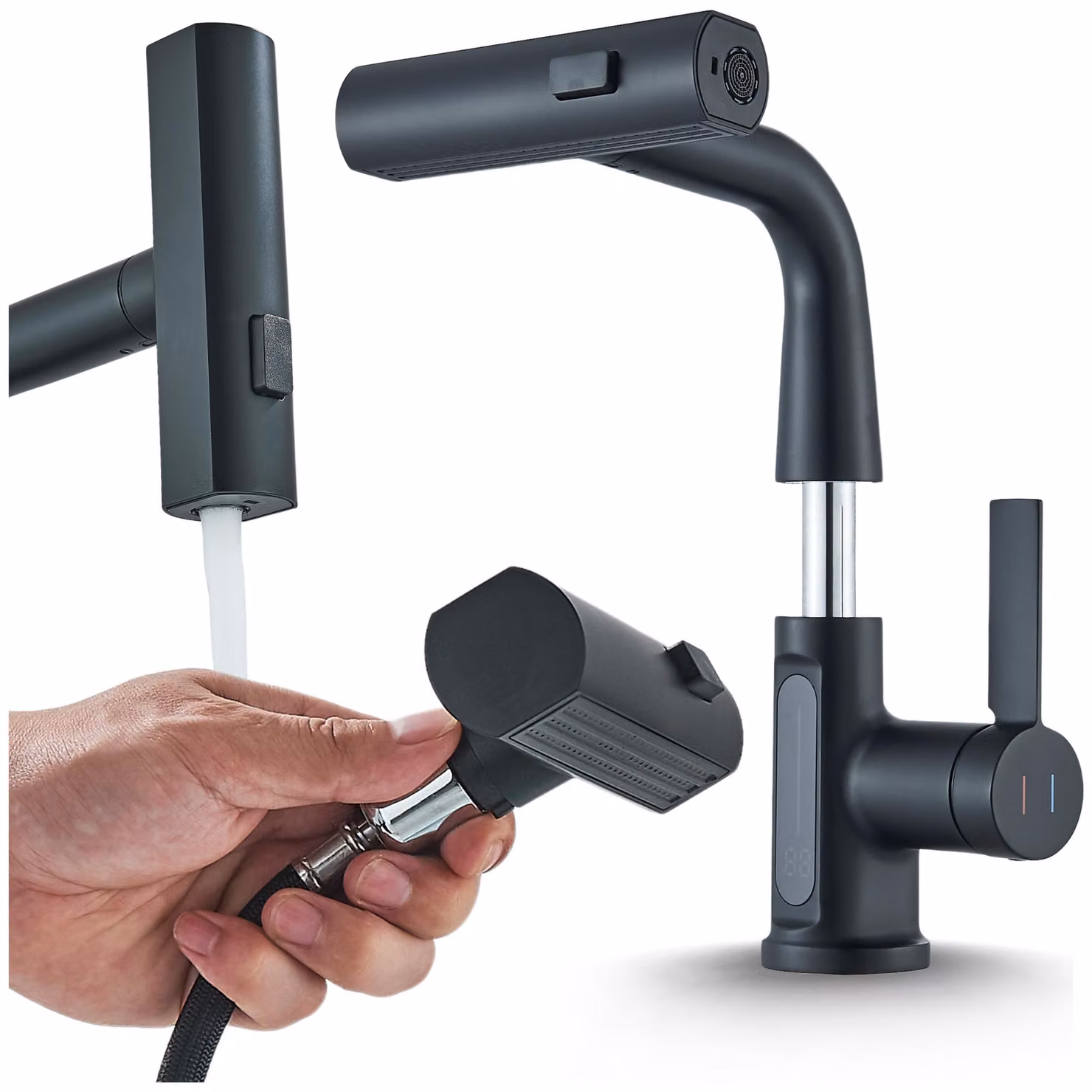Miscelatore per lavabo Ari Atomic, colore nero, con doccetta estraibile, display LED per la temperatura, 3 tipi di getto, rotazione a 360°, altezza regolabile