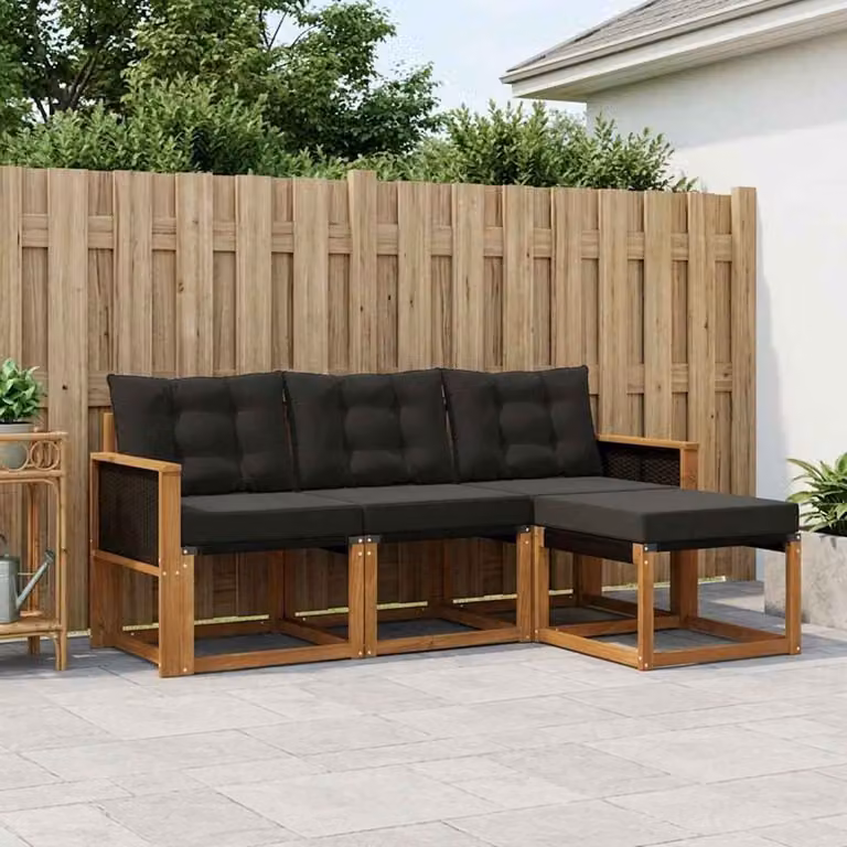 Set di divani da esterno vidaXL a forma di L in legno di acacia con pouf e cuscini, colore beige e nero
