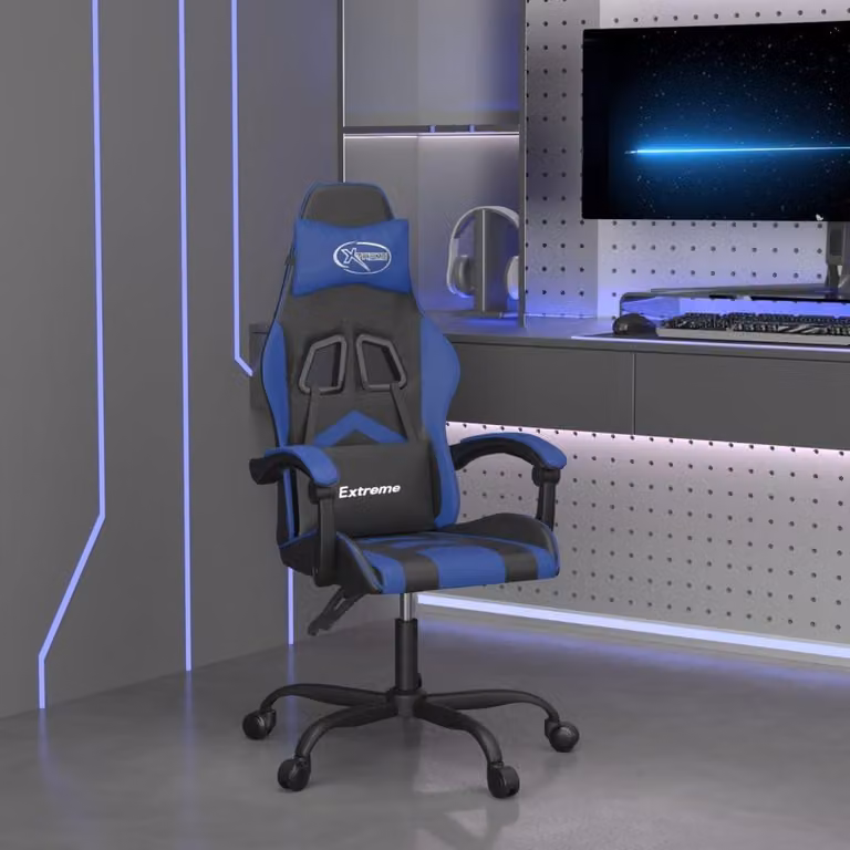 Sedia da ufficio ergonomica, nera e blu – Sedia da gaming in ecopelle con imbottitura in schiuma morbida