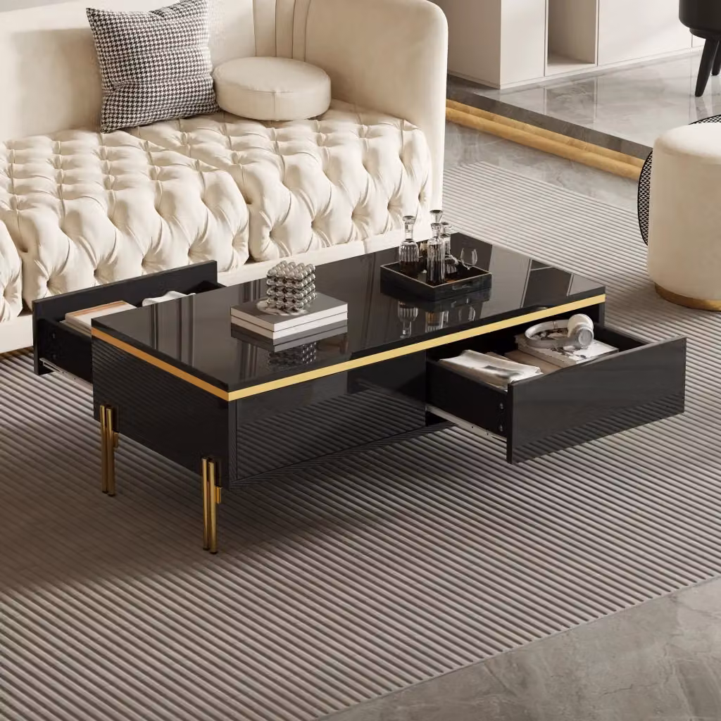 Tavolino da caffè moderno REDOM nero e oro in MDF laminato L: 100 cm, P: 50 cm, H: 36 cm – 2