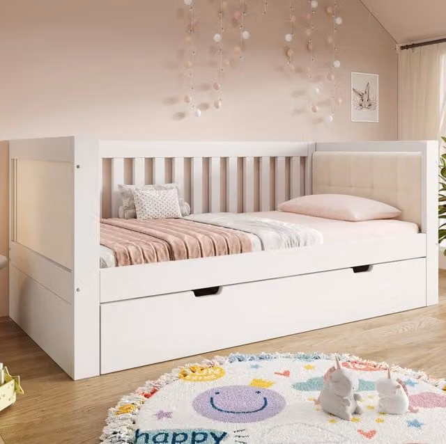 Letto da giorno 90x200 cm con letto estraibile 90x190 cm; legno bianco