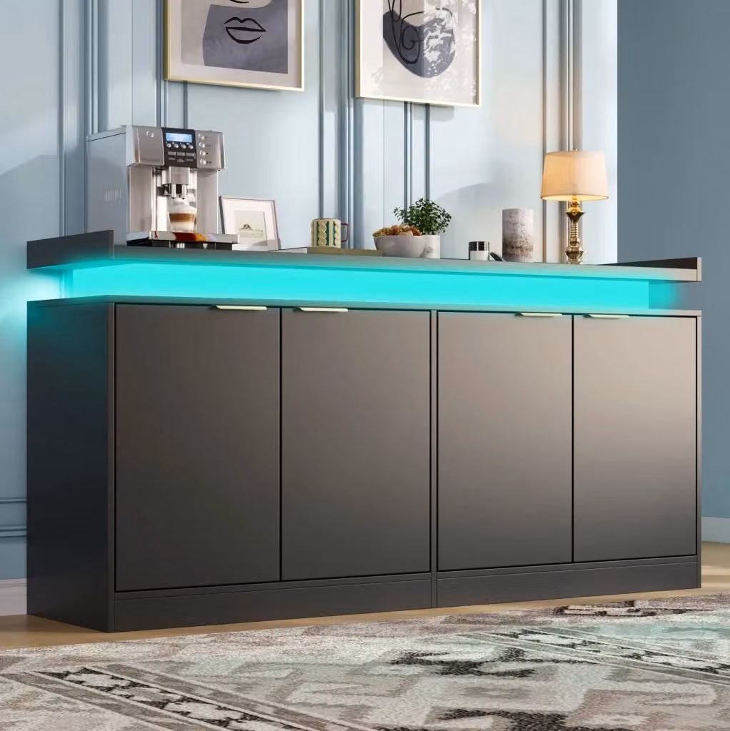 Credenza minimalista in MDF con illuminazione LED integrata, nera e oro, L: 160 cm, P: 39 cm, H: 83 cm – 2