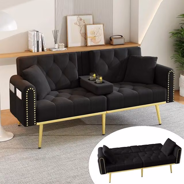 Divano letto doppio estraibile ¨C Minimal ¨C tessuto nero, supporto per bevande, angoli regolabili