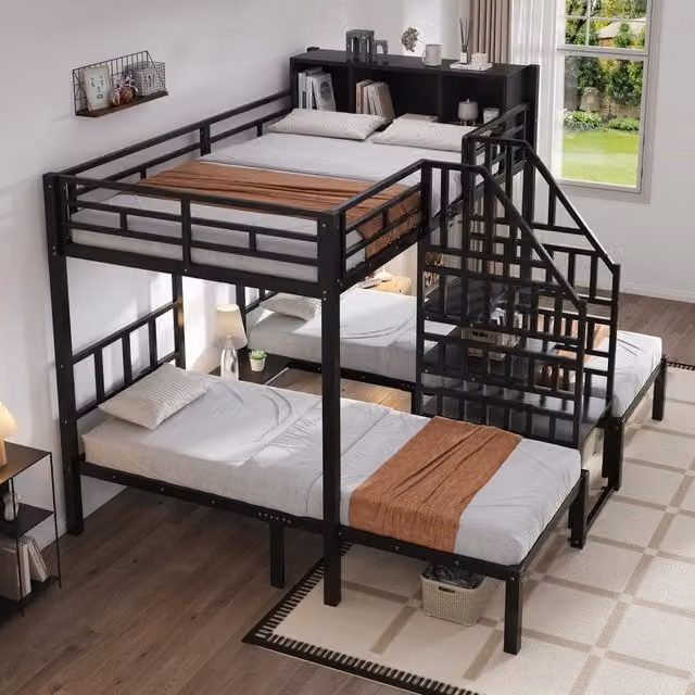Letto a castello WISHDOR in metallo nero per bambini con 3 posti letto, scala con corrimano e vani contenitori laterali, L: 208 cm, P: 90 cm, H: 239 cm