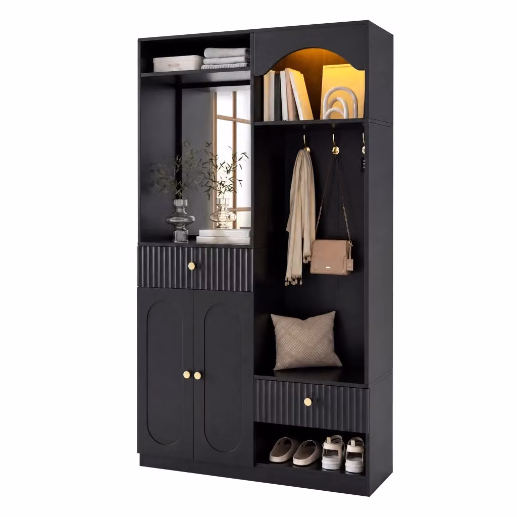 Guardaroba da ingresso moderno con panca, specchio, ganci e illuminazione LED multicolore, in MDF nero, L: 100 cm, P: 35 cm, H: 180 cm – 2