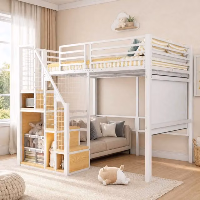 Letto a soppalco singolo in ferro 140x200 cm con scala di sicurezza, struttura nera con area contenitiva e spazio sotto il letto