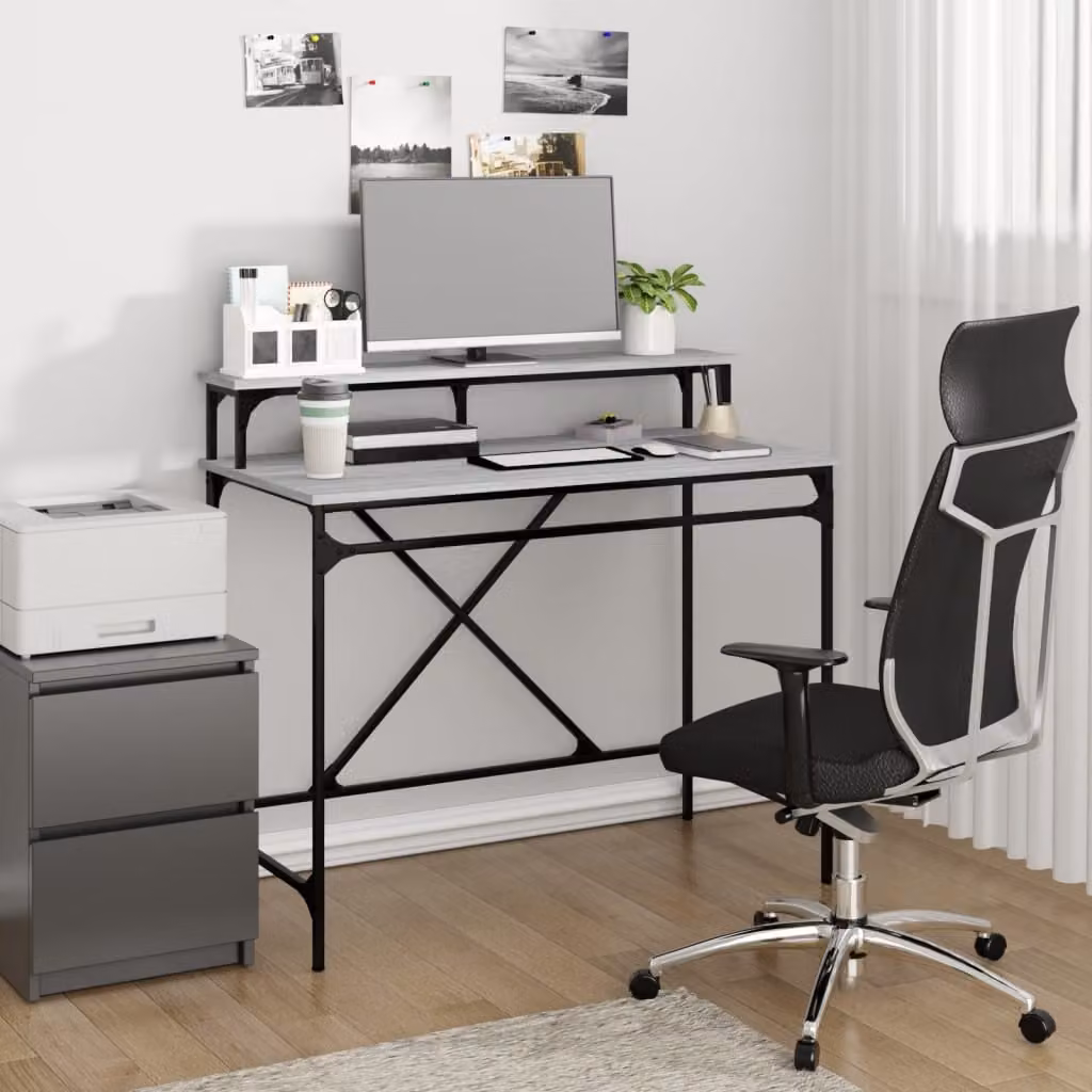 Scrivania da ufficio vidaXL in stile industriale, colore grigio, realizzata in legno e metallo, L: 100 cm, P: 50 cm, H: 90 cm