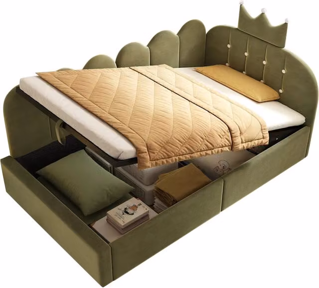 Letto da Giorno 90x200 cm in Velluto Verde con Contenitore Idraulico e Design a Corona
