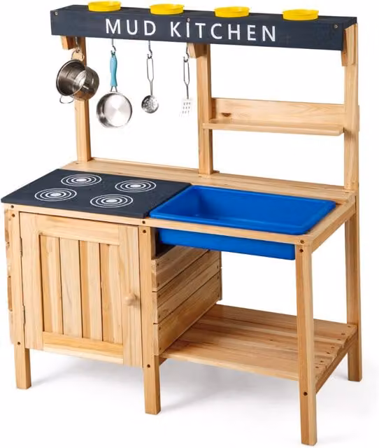 Cucina da esterno giocattolo in legno per bambini dai 3 agli 8 anni con 2 ripiani di stoccaggio e lavello removibile, colore naturale e multicolore – 1