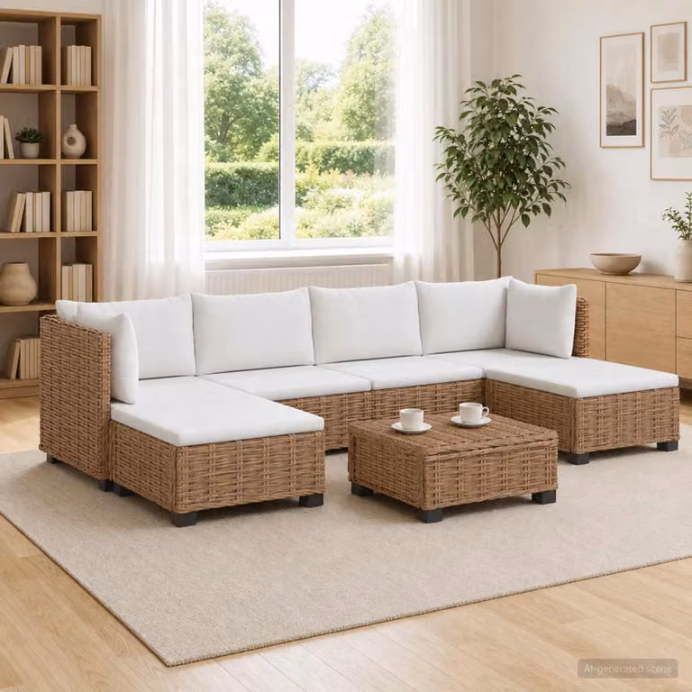 Maison Exclusive - Set da salotto in rattan naturale, composto da 7 pezzi, con cuscini, colore naturale