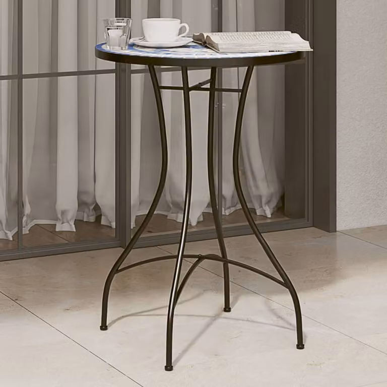 Tavolino da Bistrot vidaXL con Mosaico in Ceramica Blu e Bianco, Design Geometrico Mediterraneo, Ø 50 cm x H 70 cm