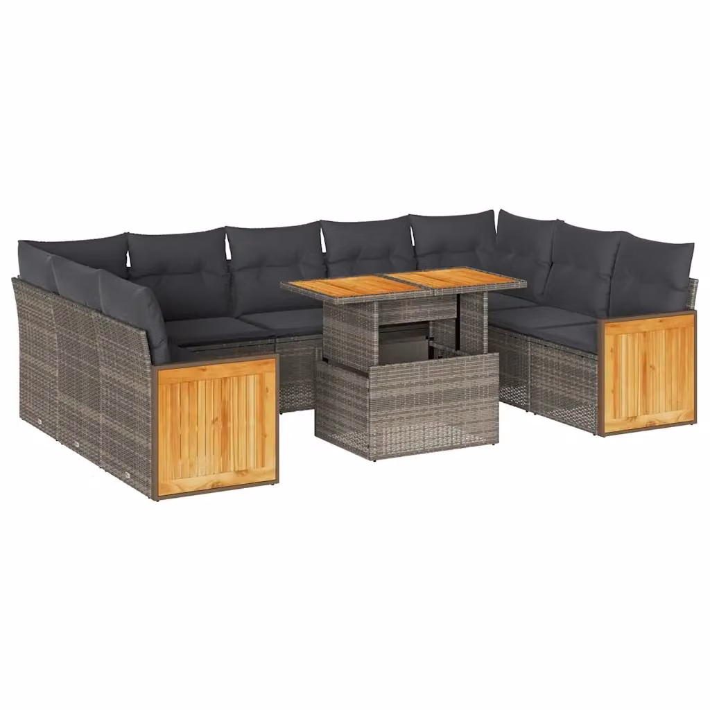 Set da giardino vidaXL a forma di U composto da 10 pezzi in polyrattan e legno di acacia con cuscini grigi e tavolino da esterno – 2