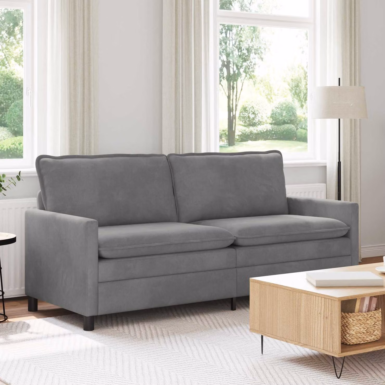 Divano moderno vidaXL in velluto grigio scuro con struttura in metallo L: 196 cm, P: 81 cm, H: 87,5 cm