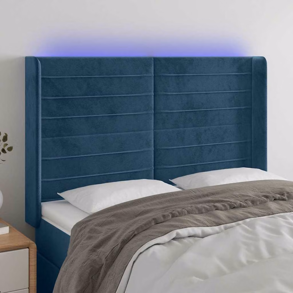 Testiera con LED e porta USB vidaXL in velluto blu scuro, L: 147 cm, P: 16 cm, H: 118-128 cm