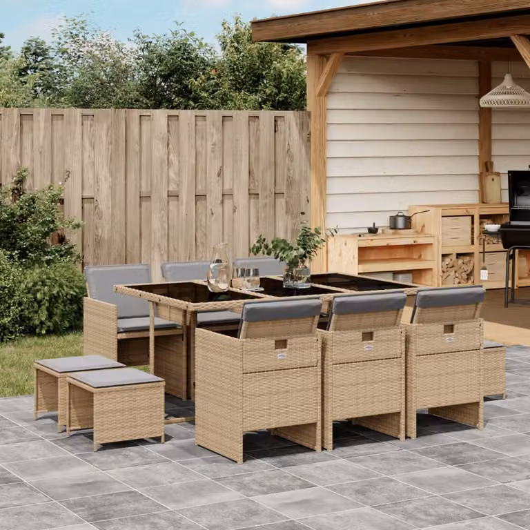 Set Pranzo da Giardino vidaXL 11 pz in Polyrattan con Cuscini Beige e Piano in Vetro